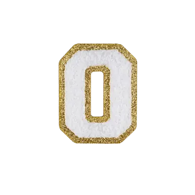 2.5" - Chenille Letterman "0" Patch - White Chenille Thread/Gold Glitter Felt - Heat Applied Backing