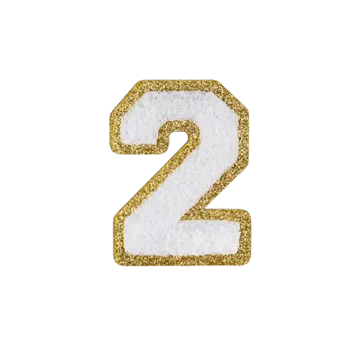 2.5" - Chenille Letterman "2" Patch - White Chenille Thread/Gold Glitter Felt - Peel & Stick Backing