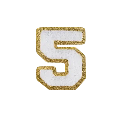 2.5" - Chenille Letterman "5" Patch - White Chenille Thread/Gold Glitter Felt - Peel & Stick Backing