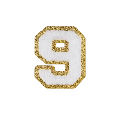 2.5" - Chenille Letterman "9" Patch - White Chenille Thread/Gold Glitter Felt - Heat Applied Backing