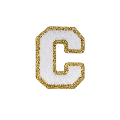 Pack of 25 - 2.5" - Chenille Letterman "C" Patch - White Chenille Thread/Gold Glitter Felt - Heat Applied Backing