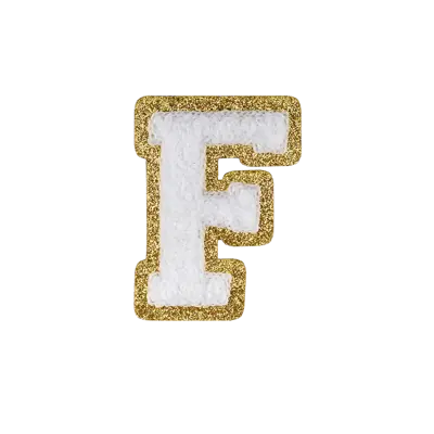 Pack of 25 - 2.5" - Chenille Letterman "F" Patch - White Chenille Thread/Gold Glitter Felt - Heat Applied Backing