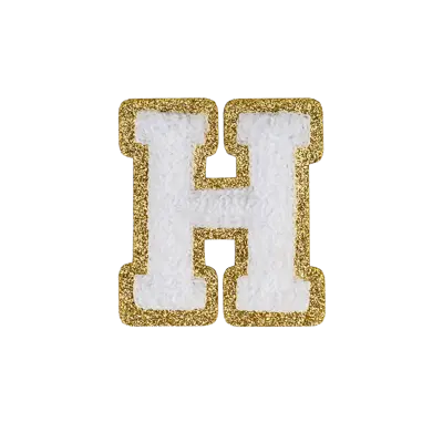 Pack of 25 - 2.5" - Chenille Letterman "H" Patch - White Chenille Thread/Gold Glitter Felt - Heat Applied Backing