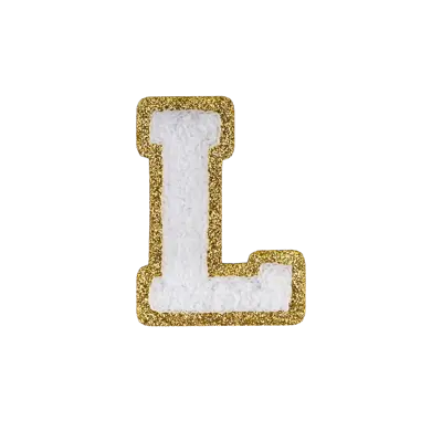 Pack of 25 - 2.5" - Chenille Letterman "L" Patch - White Chenille Thread/Gold Glitter Felt - Heat Applied Backing