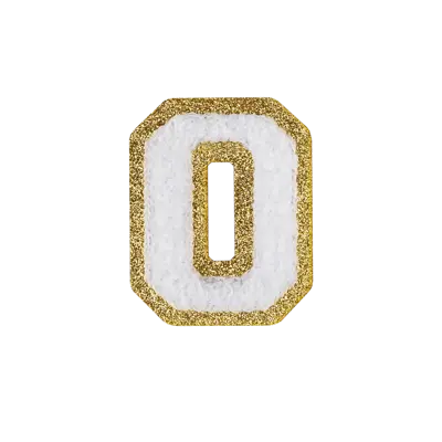Pack of 25 - 2.5" - Chenille Letterman "O" Patch - White Chenille Thread/Gold Glitter Felt - Peel & Stick Backing