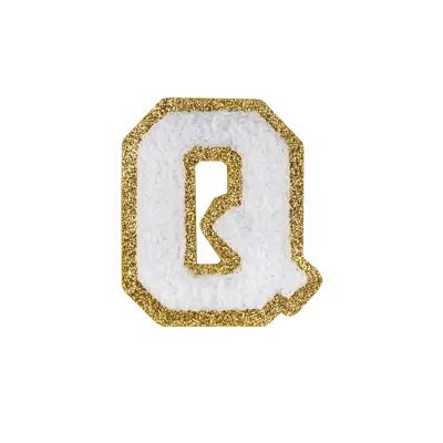 Pack of 25 - 2.5" - Chenille Letterman "Q" Patch - White Chenille Thread/Gold Glitter Felt - Peel & Stick Backing
