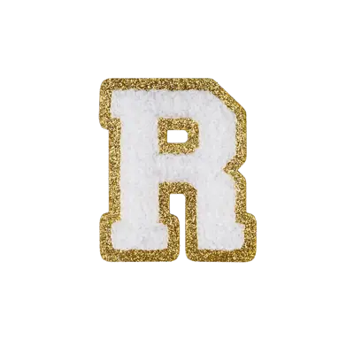 Pack of 25 - 2.5" - Chenille Letterman "R" Patch - White Chenille Thread/Gold Glitter Felt - Peel & Stick Backing