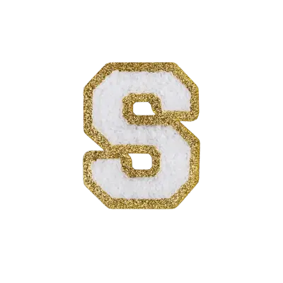 Pack of 25 - 2.5" - Chenille Letterman "S" Patch - White Chenille Thread/Gold Glitter Felt - Heat Applied Backing