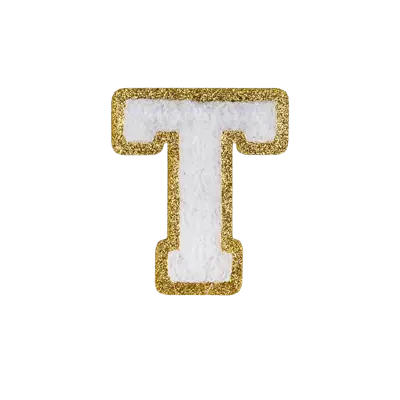 Pack of 25 - 2.5" - Chenille Letterman "T" Patch - White Chenille Thread/Gold Glitter Felt - Peel & Stick Backing