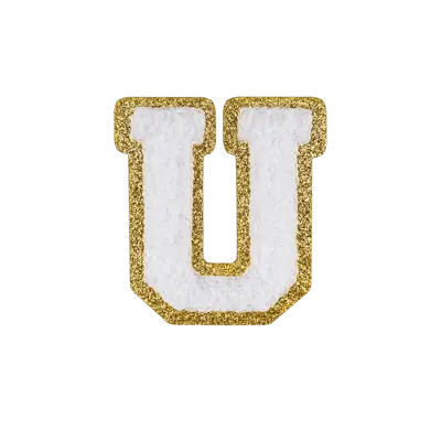 Pack of 25 - 2.5" - Chenille Letterman "U" Patch - White Chenille Thread/Gold Glitter Felt - Peel & Stick Backing