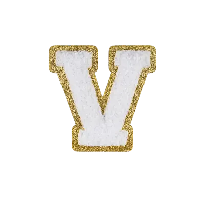 Pack of 25 - 2.5" - Chenille Letterman "V" Patch - White Chenille Thread/Gold Glitter Felt - Heat Applied Backing