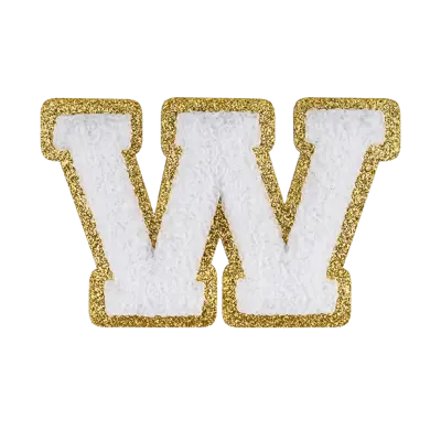 Pack of 25 - 2.5" - Chenille Letterman "W" Patch - White Chenille Thread/Gold Glitter Felt - Heat Applied Backing
