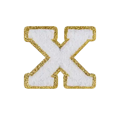 Pack of 25 - 2.5" - Chenille Letterman "X" Patch - White Chenille Thread/Gold Glitter Felt - Heat Applied Backing