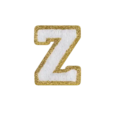 2.5" - Chenille Letterman "Z" Patch - White Chenille Thread/Gold Glitter Felt - Peel & Stick Backing
