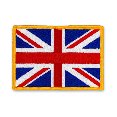 Pack of 25 - 3.5" x 2.5" - Official United Kingdom Flag Patch - Merrow Gold Border - Heat Applied Backing