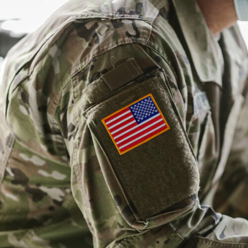 Embroidered American Flag Patch Applied to upper arm of military uniform 