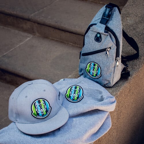 Print Stitch Wolf Patches Applied to Gray Hat, Backpack and Sweatshirt