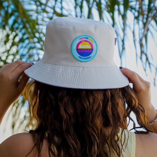 Santa Monica California Woven Patch Applied to a White Bucket Hat