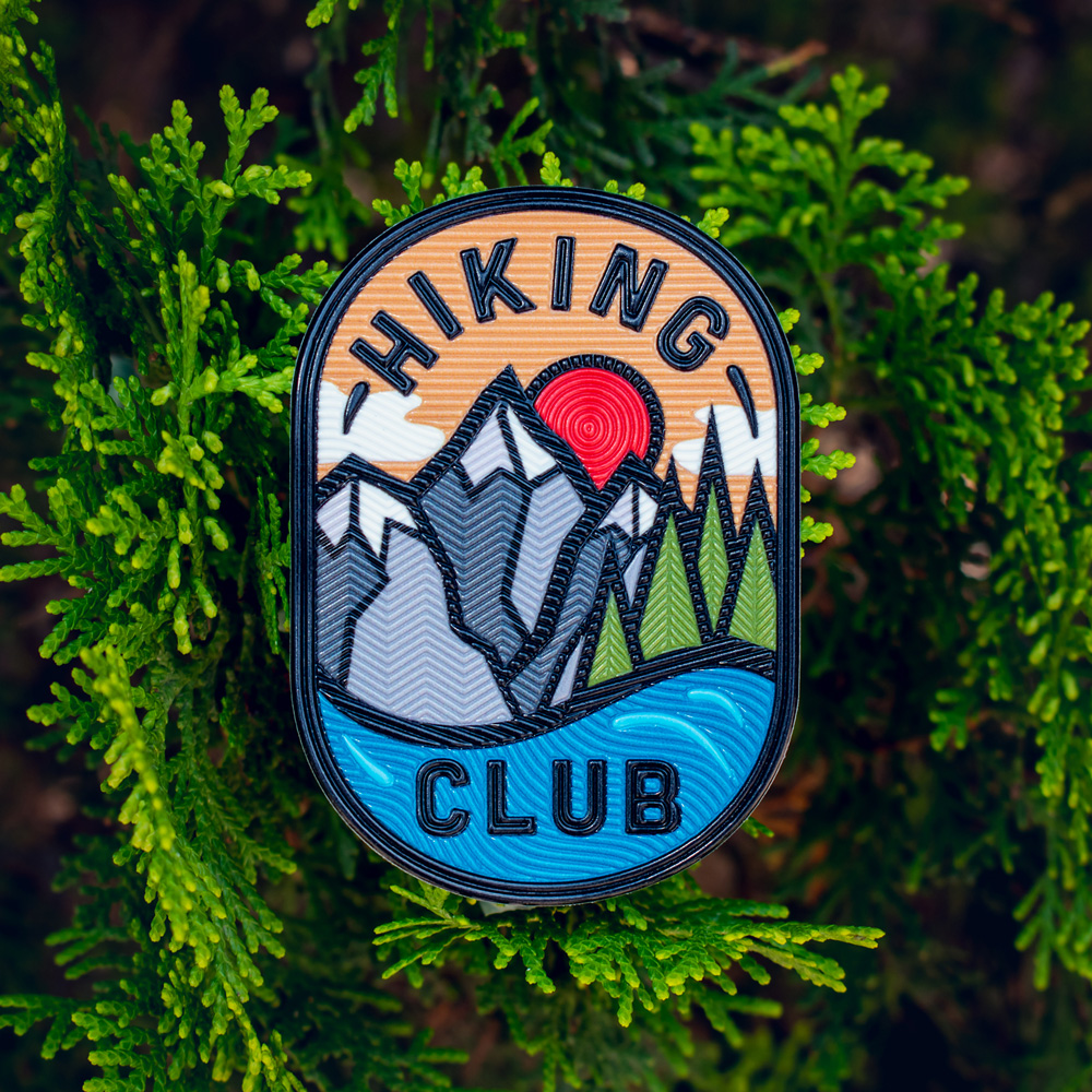 FlexStyle Textured Hiking Club Emblem with Evergreen Tree Background
